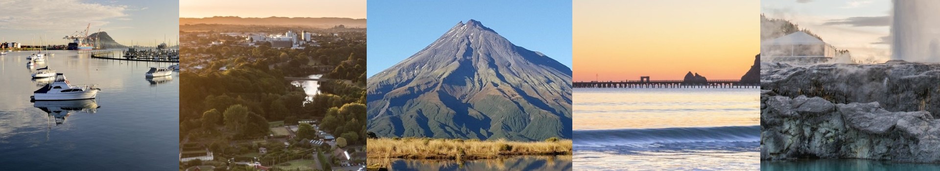 Five images, each an iconic location from a different DHB area within the MIdland region
